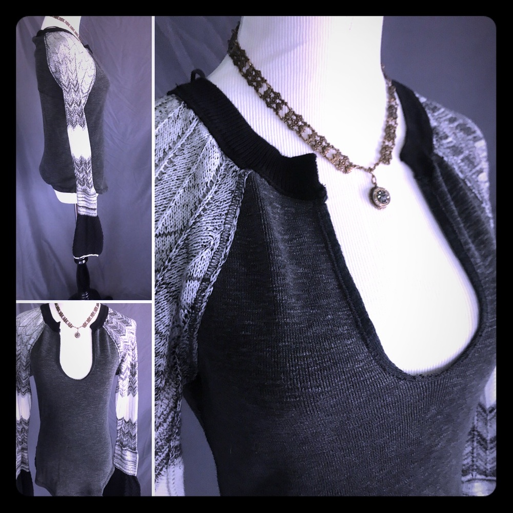 FREE PEOPLE~Black Wht zig zag Bell Sleeves FUN SzM